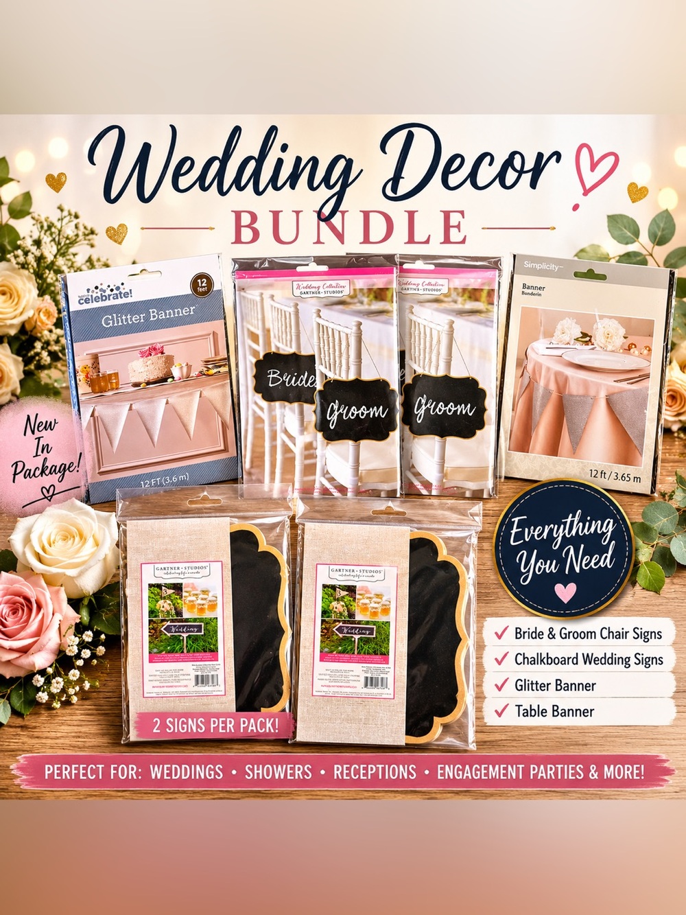 Wedding Decor Bundle-Bride & Groom Chair Signs, Banners & Chalkboard Signs- NIP